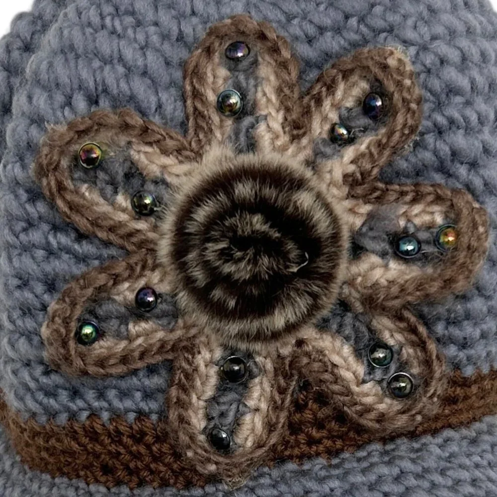 Vintage Inspired Cloche Crochet Knit Faux Fur Flower Beanie Bucket Hat